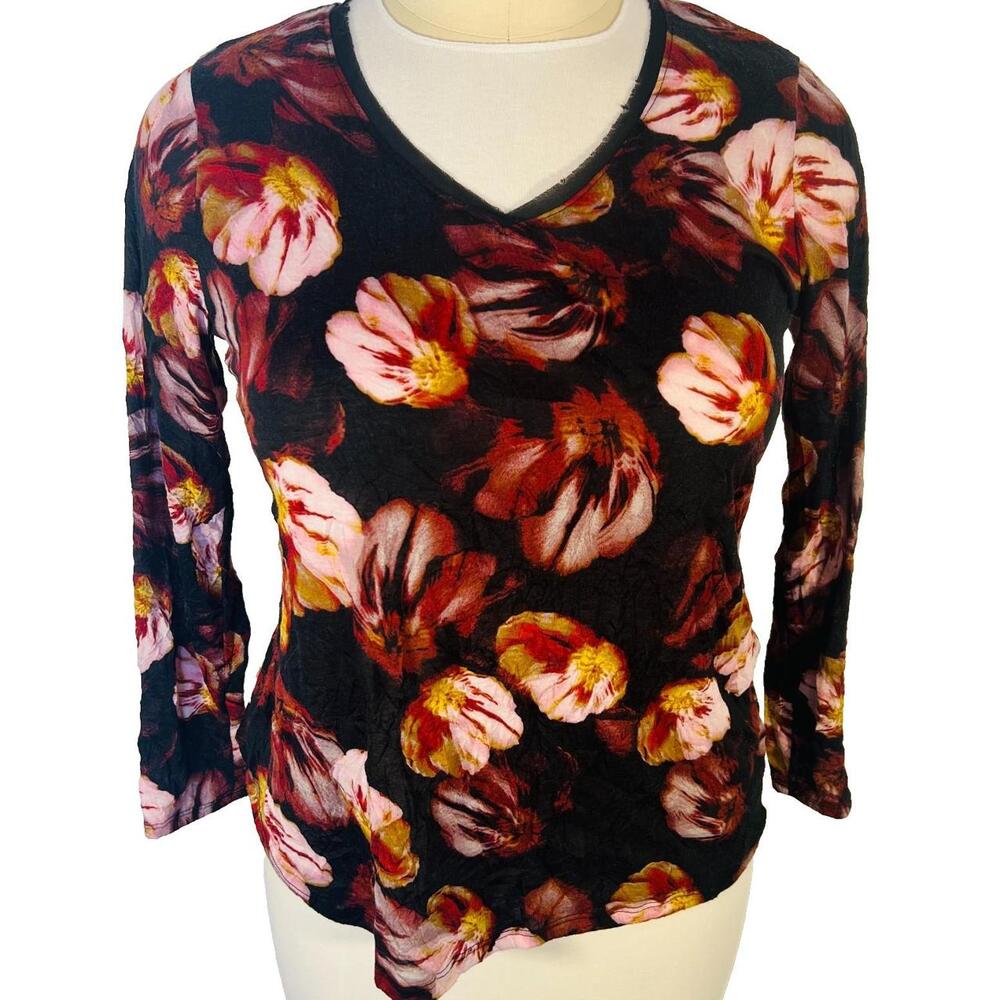 Blouse Women XL Black Abstract Floral V-neck Polyester